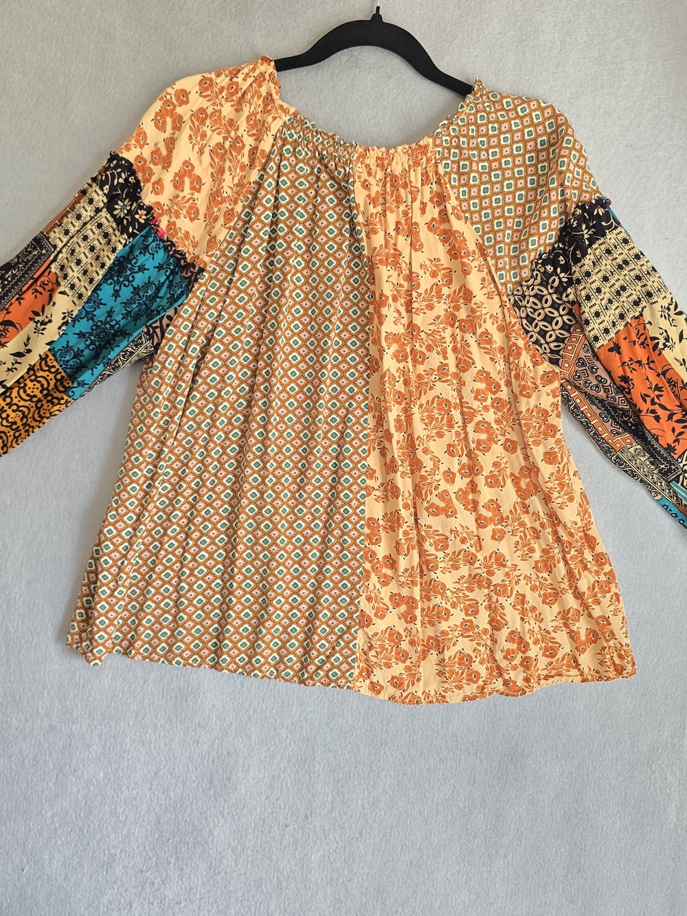 Easel Peach Multi Patchwork Boho Blouse Oversize Fun Western Bubble Sleeves Cute - Picture 3 of 11